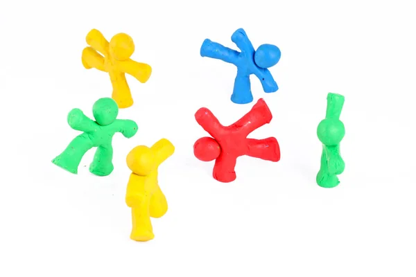 Cheerful Team Plasticine Guys Standing Circle Ready War Cry — Stock Photo, Image