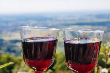 İki bardak kırmızı şarap piknik, doğa görünümü üzerinde