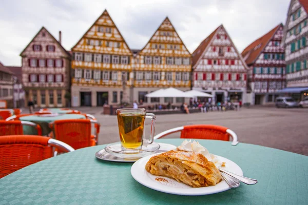 Tea with Apple strudel in street cafe, Herrenberg, Germany