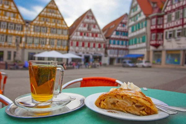 Tea with Apple strudel in street cafe, Herrenberg, Germany