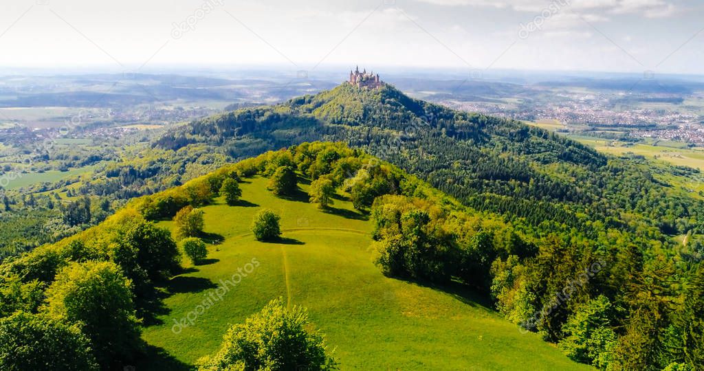 Aerial view of famous Hohenzollern Castle, Germany. Photo taken with Drone