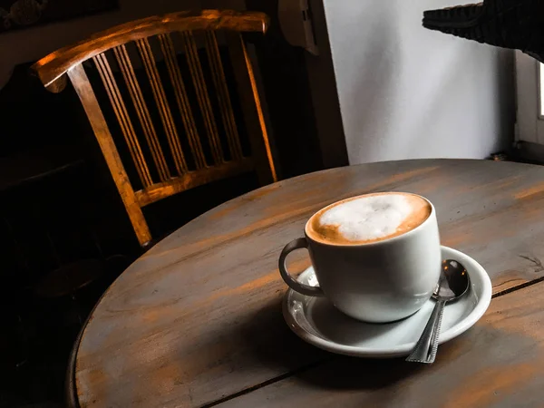 Cappuchino Wooden Table Cafe — Stock Photo, Image