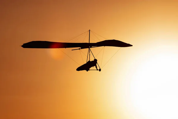 Hang-glider silhouette in sky in sunset time