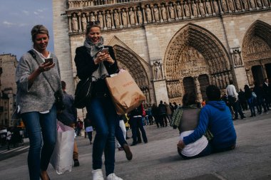 Fransa. Paris - 1 Ekim 2016: Cathedrale Notre Dame de Paris ziyaret turistler en ünlü katedral (1163-1345) Cite adanın yarısı Doğu üzerinde olduğunu.