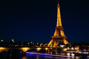 Paris-Ekim 4: Eyfel Kulesi Doğum günü için şenlikli aydınlatma (Bu açık Mart 31 1889), Seine iskelesinden görünümü, Ekim 4, 2016 Paris, Fransa.