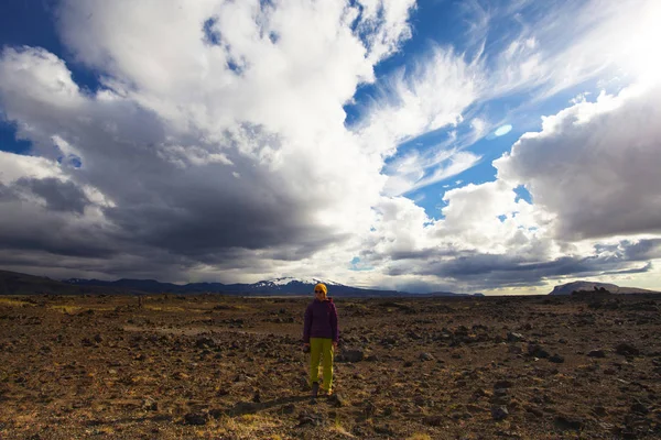 Felice donna turistica in cappotto luminoso, godendo di viaggiare Islanda — Foto Stock
