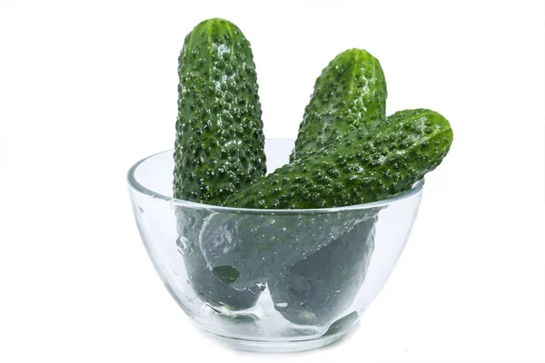 Verse groene komkommer in glasplaat, isolatie — Stockfoto