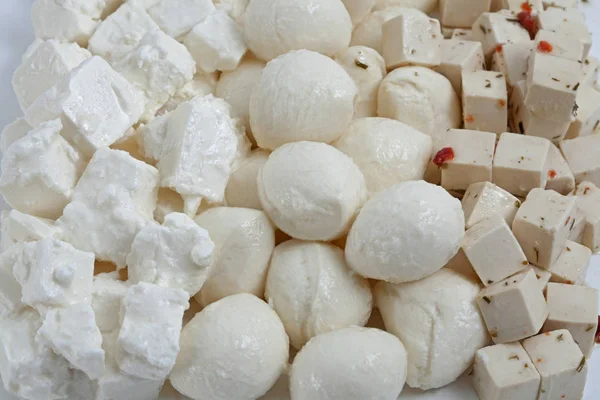 Assortment of cheese, feta and mozzarella , background — Stock Photo, Image