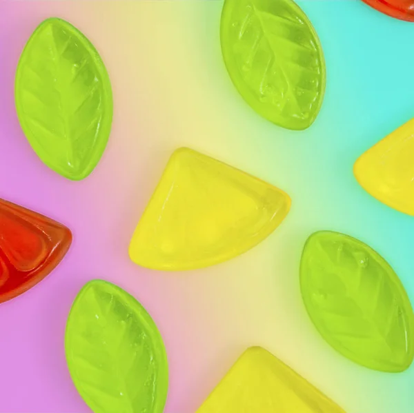 Różne Kolorowe Galaretki Owocowe Cukierki Tle Tęczy — Zdjęcie stockowe
