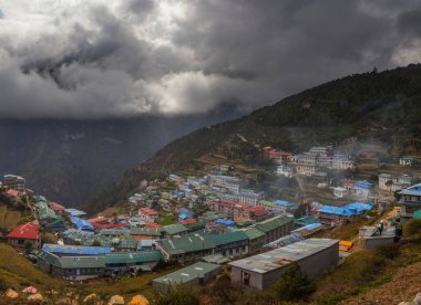 Everest Ana Kamp Trek. Himalaya vadisinin manzarası. Namche Bazar köyü. Nepal