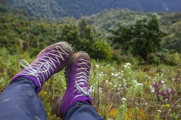 Zapatos de trekking violeta en la naturaleza. Nepal —  Fotos de Stock