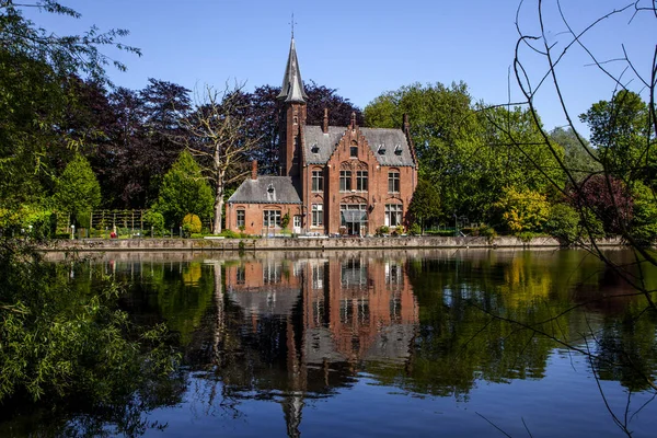 Minnewater Lake Panorama Reflection Gothic Building People Cafe Castle Faille — Stock Photo, Image