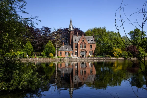 Minnewater Lake Panorama Reflection Gothic Building People Cafe Castle Faille — Stock Photo, Image