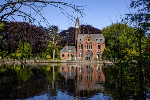 Minnewater Lake Panorama Reflection Gothic Building People Cafe Castle Faille — Stock Photo, Image