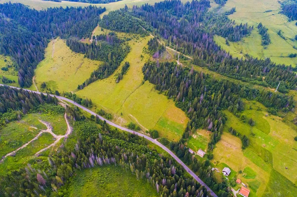 Wälder Wiesen Und Hügel Der Karpaten Mit Drohne Aufgenommen Ukraine — Stockfoto