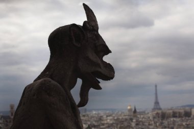 Paris şehir manzarasına bakan ünlü Notre Dame gargoyle