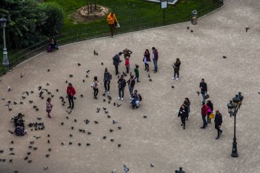 Paris, Fransa - 15 Ekim 2016: güvercinler ve Notre Dame de Paris önünde tanımlanamayan turistler. Dünyanın en büyük ve en tanınmış kilise binalar arasında