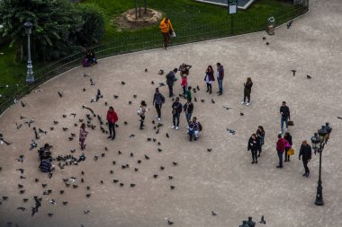 Paris, Fransa - 15 Ekim 2016: güvercinler ve Notre Dame de Paris önünde tanımlanamayan turistler. Dünyanın en büyük ve en tanınmış kilise binalar arasında