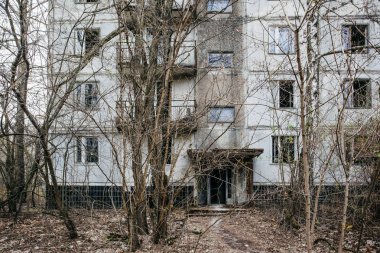 Pripyat ağaçlar ile büyümüş terk edilmiş bir bina, Çernobil bölgesi