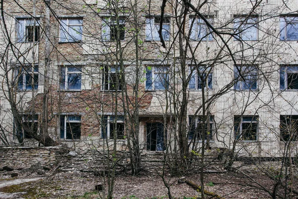 チェルノブイリ地帯のプリピャットに木々が生い茂る放棄された建物 — ストック写真