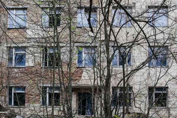 チェルノブイリ地帯のプリピャットに木々が生い茂る放棄された建物 — ストック写真