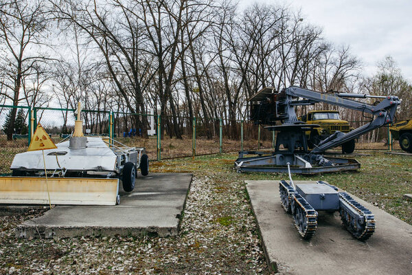 PRIPYAT CHERNOBYL UKRAINE 09 03 17: Radio-controlled equipment for radiation treatment in Ghost City of Pripyat exclusion Zone of Chernobyl 