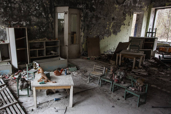 Kindergarten.Chernobyl area. Lost city Pripyat. Modern ruins. Ukraine. Kiev region.