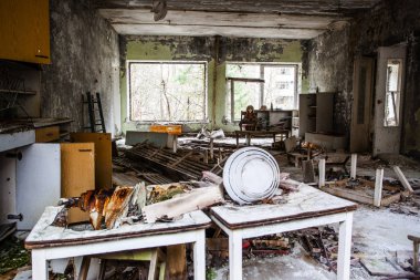 Anaokulu. Çernobil bölgesi. Kayıp şehir Pripyat. Modern harabeler. Ukrayna. Kiev bölgesi