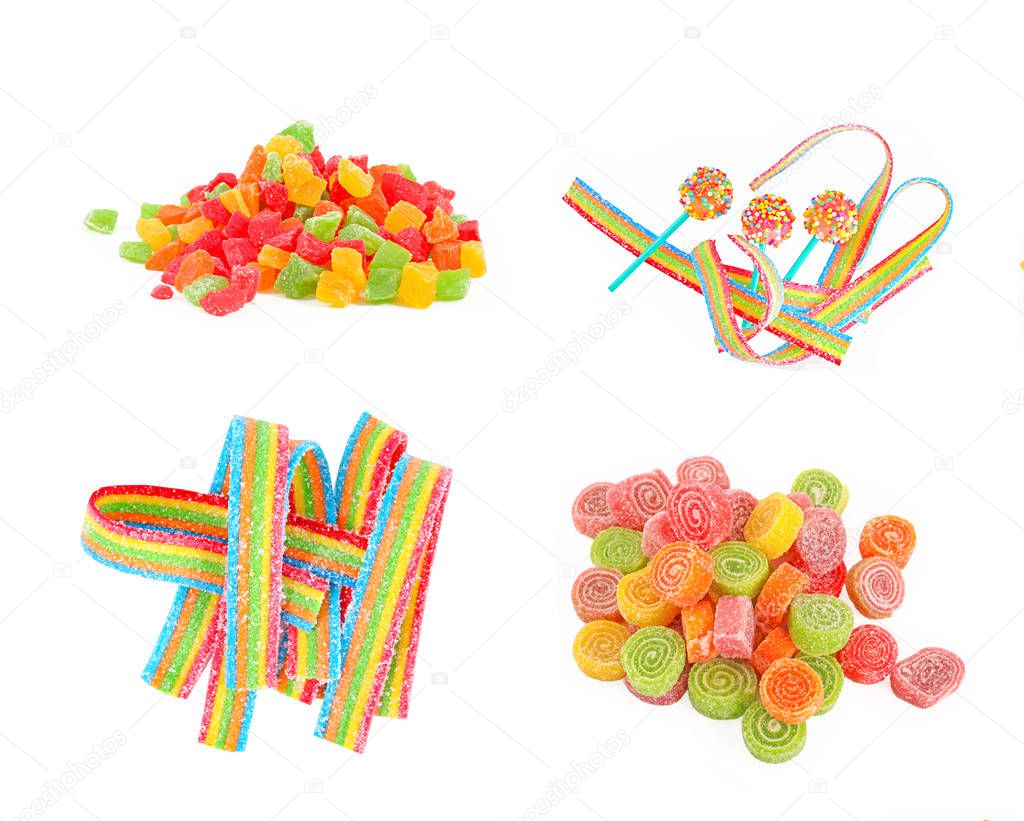 Mixed colorful fruit candies close up  on the white background