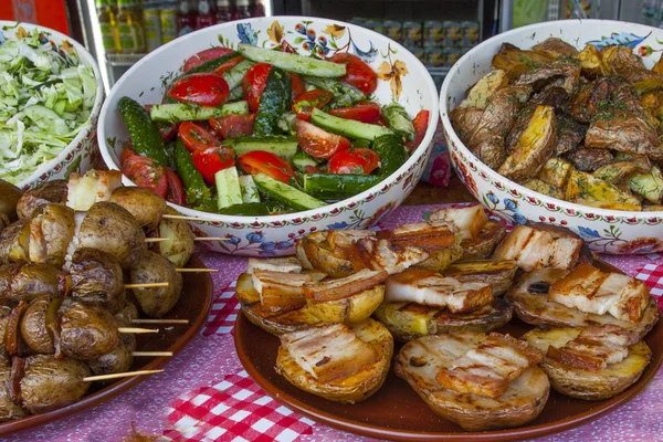 Traditional Food Ukraine Served Table Potato Fat Ham Sausages Salads — Stock Photo, Image