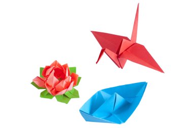 Origami izole rakamlar : vinç, lotus çiçek ve mavi tekne