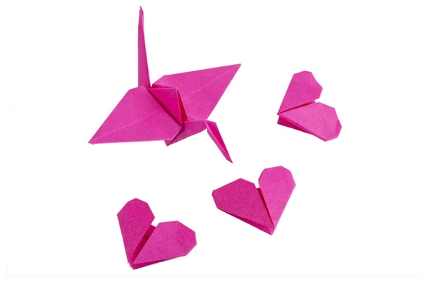 Grúa Origami Rosa Corazones Aislados —  Fotos de Stock