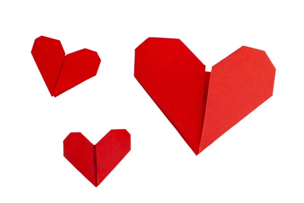 Corazones Rojos Origami Aislados Blanco — Foto de Stock