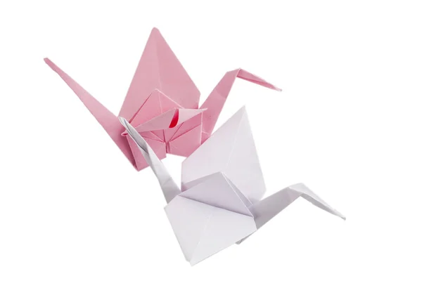 Zwei Origami Kraniche Weiß Und Rosa — Stockfoto