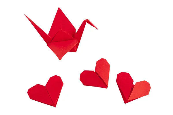 Guindaste Origami Vermelho Com Haerts Isolado Branco — Fotografia de Stock