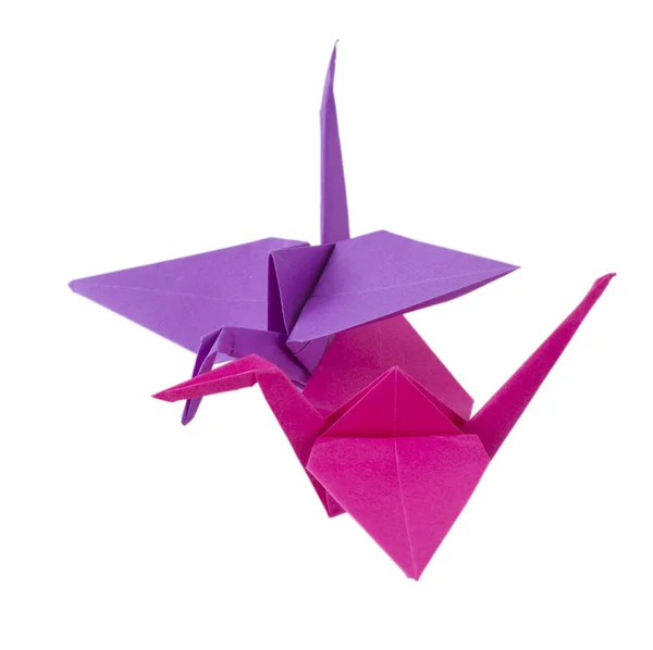 Rosa Und Violette Origami Kraniche Isoliert Auf Weiß — Stockfoto