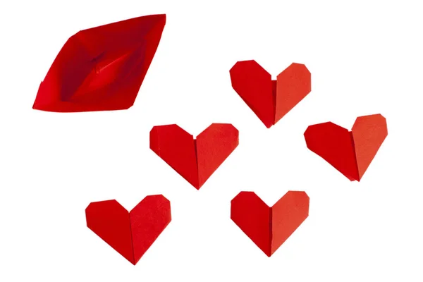 Red Origami Boat Hearts Isolated White — Stock Photo, Image