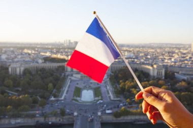 Gün batımında Eyfel kulesinden Paris şehrinin en üst manzarası üzerinde Fransa Bayrağı