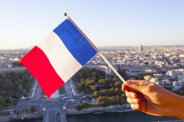 Gün batımında Eyfel kulesinden Paris şehrinin en üst manzarası üzerinde Fransa Bayrağı