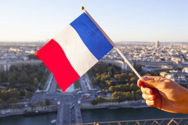 Gün batımında Eyfel kulesinden Paris şehrinin en üst manzarası üzerinde Fransa Bayrağı