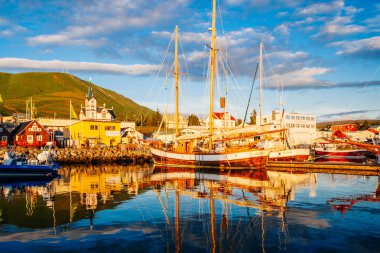 Husavik, İzlanda - 17 Ağustos 2017: Histor'un güzel görünümü