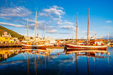 Husavik, İzlanda - 17 Ağustos 2017: Histor'un güzel görünümü
