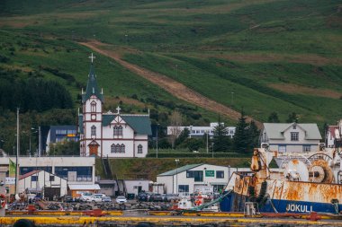 Husavik, İzlanda - 17 Ağustos 2017: Histor'un güzel görünümü