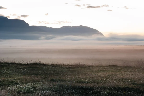 Mistige zonsondergang in IJsland, velden en heuvels — Stockfoto