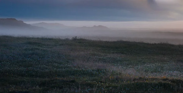 Dimmig solnedgång på Island, åkrar och kullar — Stockfoto