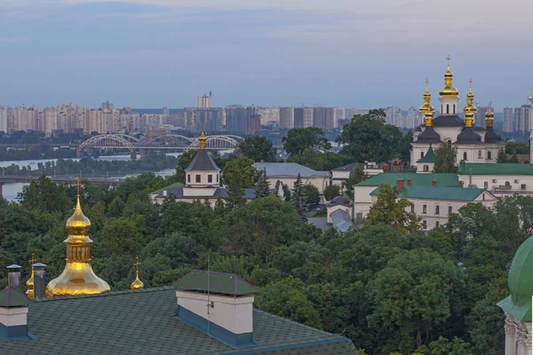 Верхний Вид Киева Киево Печерской Лаврой Рекой Днепр Закате Солнца — стоковое фото