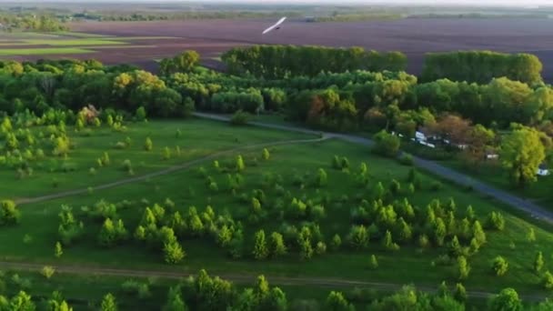 Deltavlieger Vlucht Zonsondergang Tijd Groene Gele Verse Lentevelden Bovenaanzicht Vanuit — Stockvideo