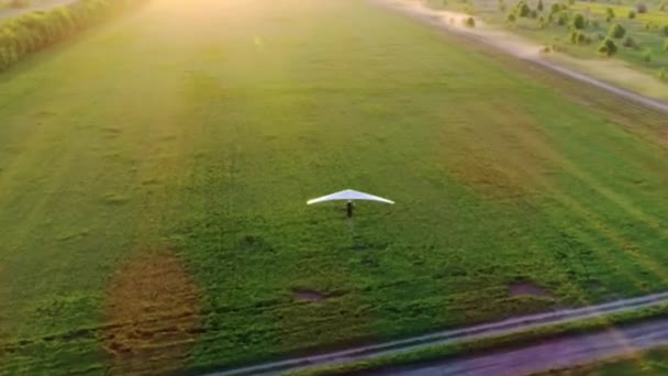 Deltavlieger Vlucht Zonsondergang Tijd Groene Gele Verse Lentevelden Bovenaanzicht Vanuit — Stockvideo