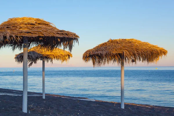 Umbrellas Beach Perissa Sunset Time Greece — Stock Photo, Image