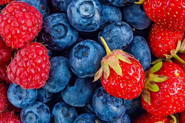Beri Musim Panas Campuran Segar Raspberry Strawberry Blueberry — Stok Foto